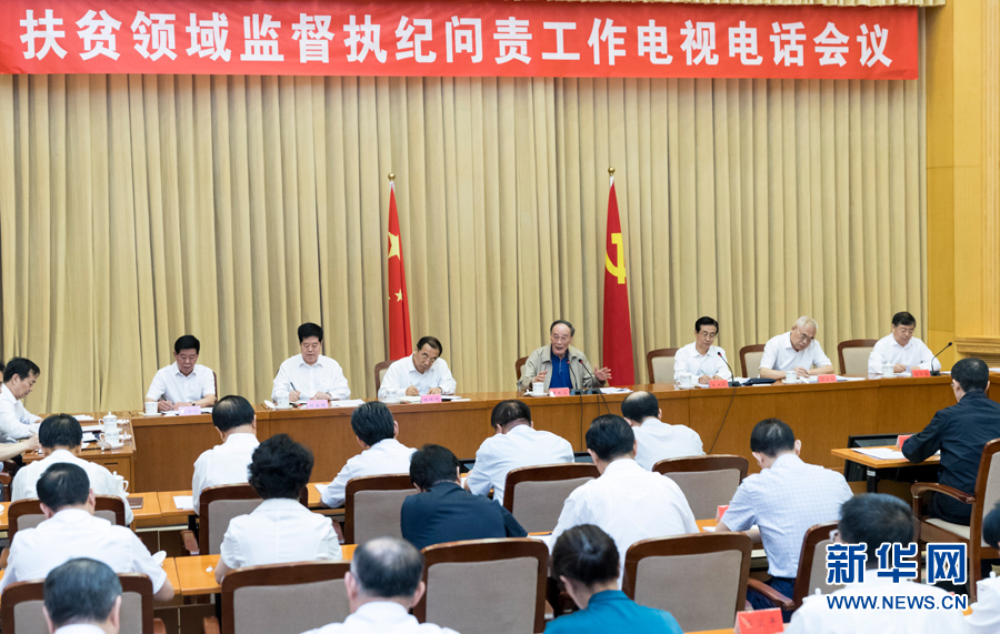 7月3日，中共中央政治局常委、中央紀委書記王岐山在北京出席扶貧領(lǐng)域監(jiān)督執(zhí)紀問責(zé)工作電視電話會并講話。 新華社記者丁海濤攝